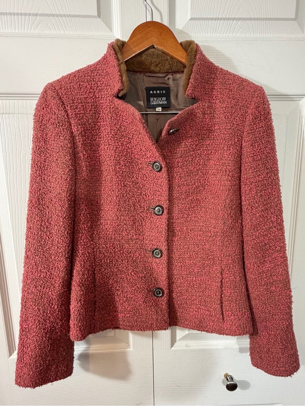 Akris Bergdorf Goodman Silk Wool Mink Fur Collar Pink Jacket Size 36 US 6